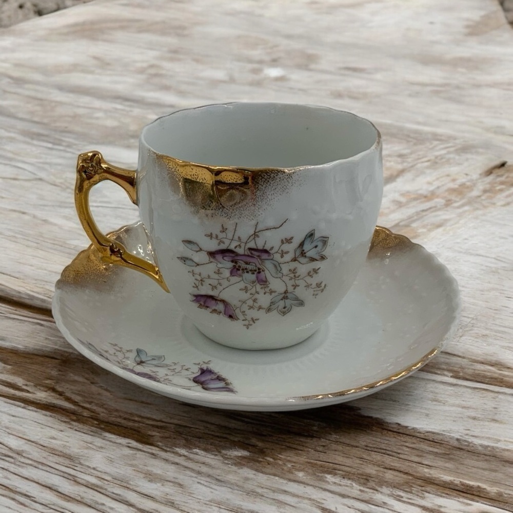 Vintage Teacup And Saucer Dresden Germany, Floral Embossed, Painted Design, Gold - Picture 6 of 10